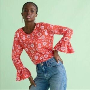 J. Crew Winter Garden Top Sz S Poppy Fields red floral ruffle Bell Sleeve Blouse